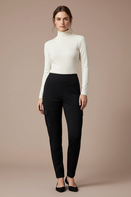 Pantalon Noir Cargo Slim Élégant Femme - Polyester