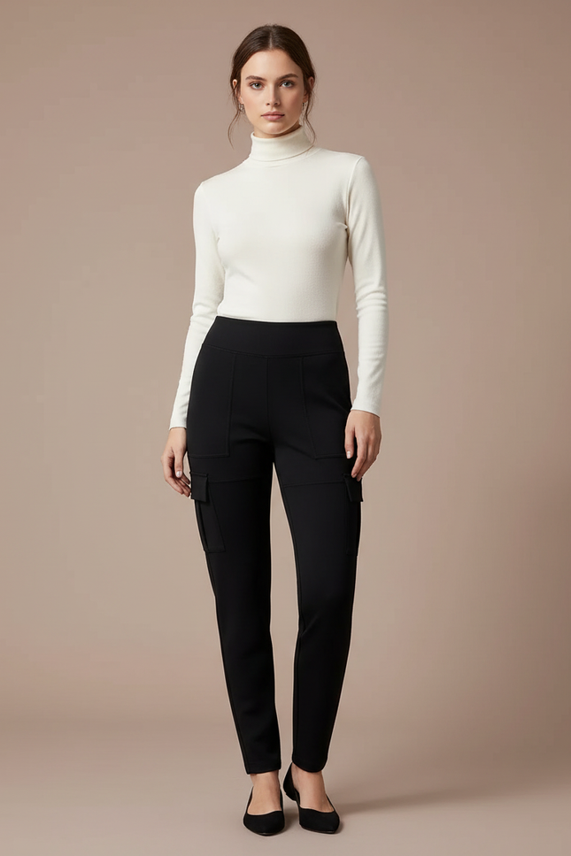 Pantalon Noir Cargo Slim Élégant Femme - Polyester