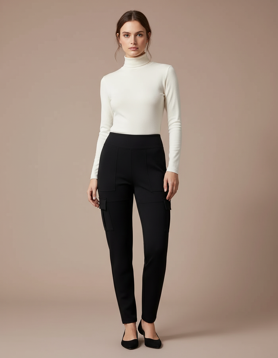 Pantalon Noir Cargo Slim Élégant Femme - Polyester