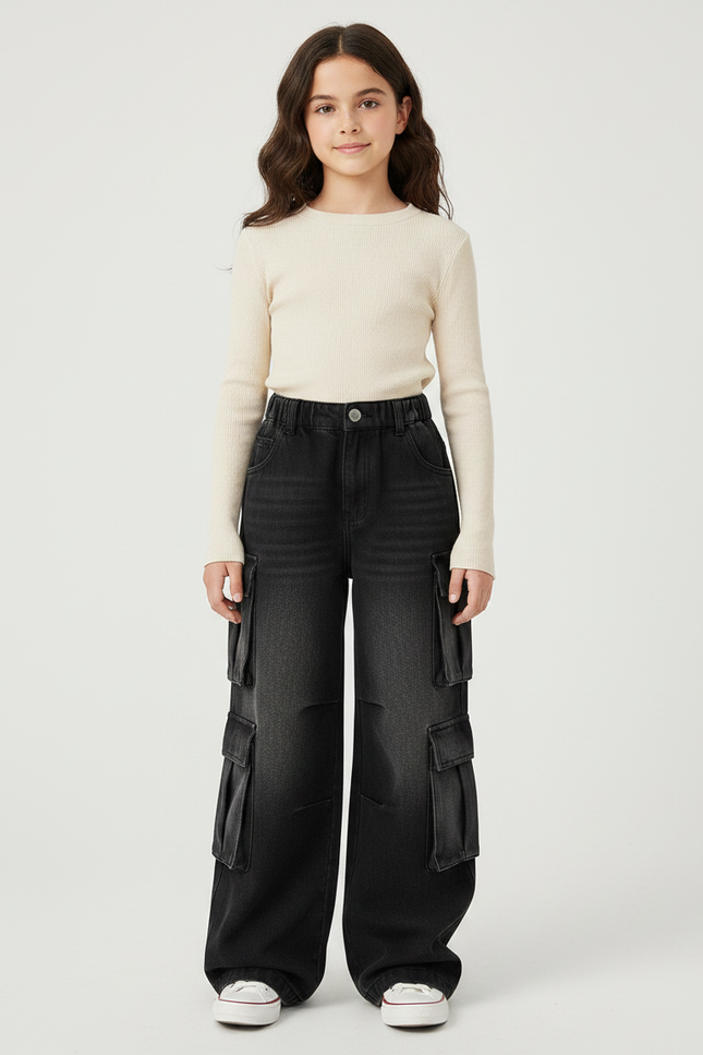 Pantalon Noir Cargo Ample Denim Fille Décontracté - Jean