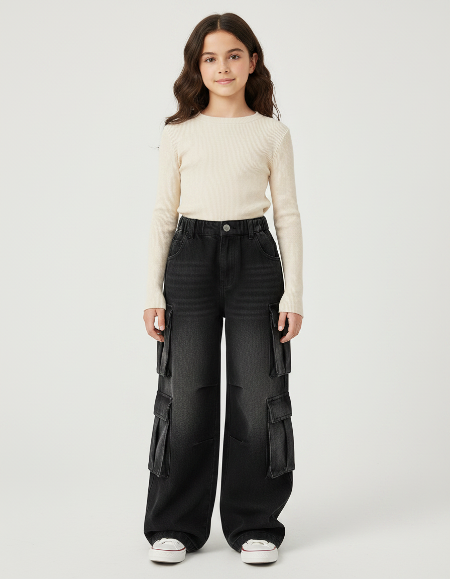 Pantalon Noir Cargo Ample Denim Fille Décontracté - Jean