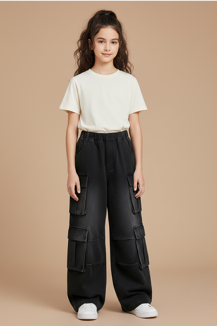 Pantalon Noir Cargo Ample Fille Multi-Poches - Jean
