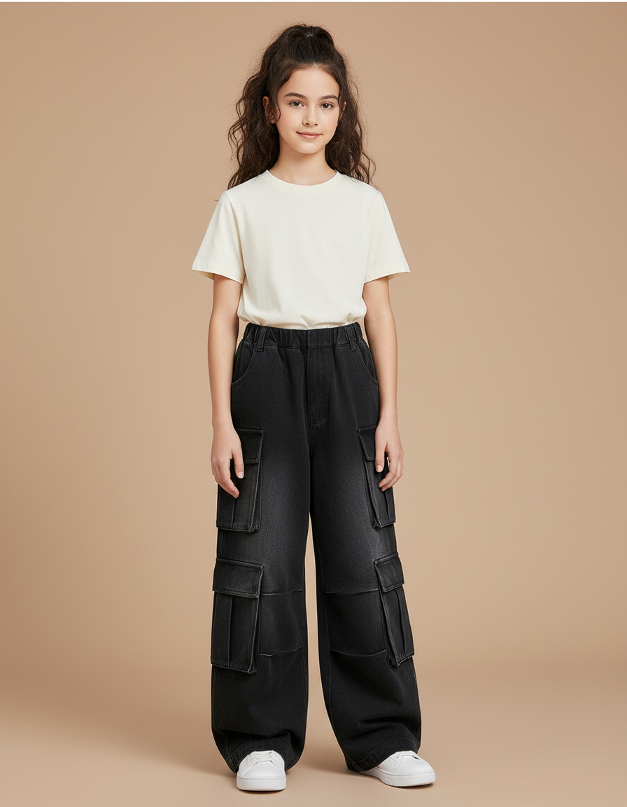 Pantalon Noir Cargo Ample Fille Multi-Poches - Jean