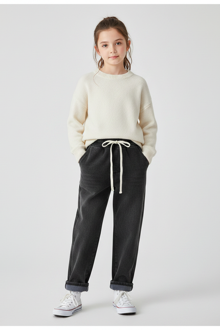 Pantalon Noir Enfant Molletonné Ample Décontracté Cordon