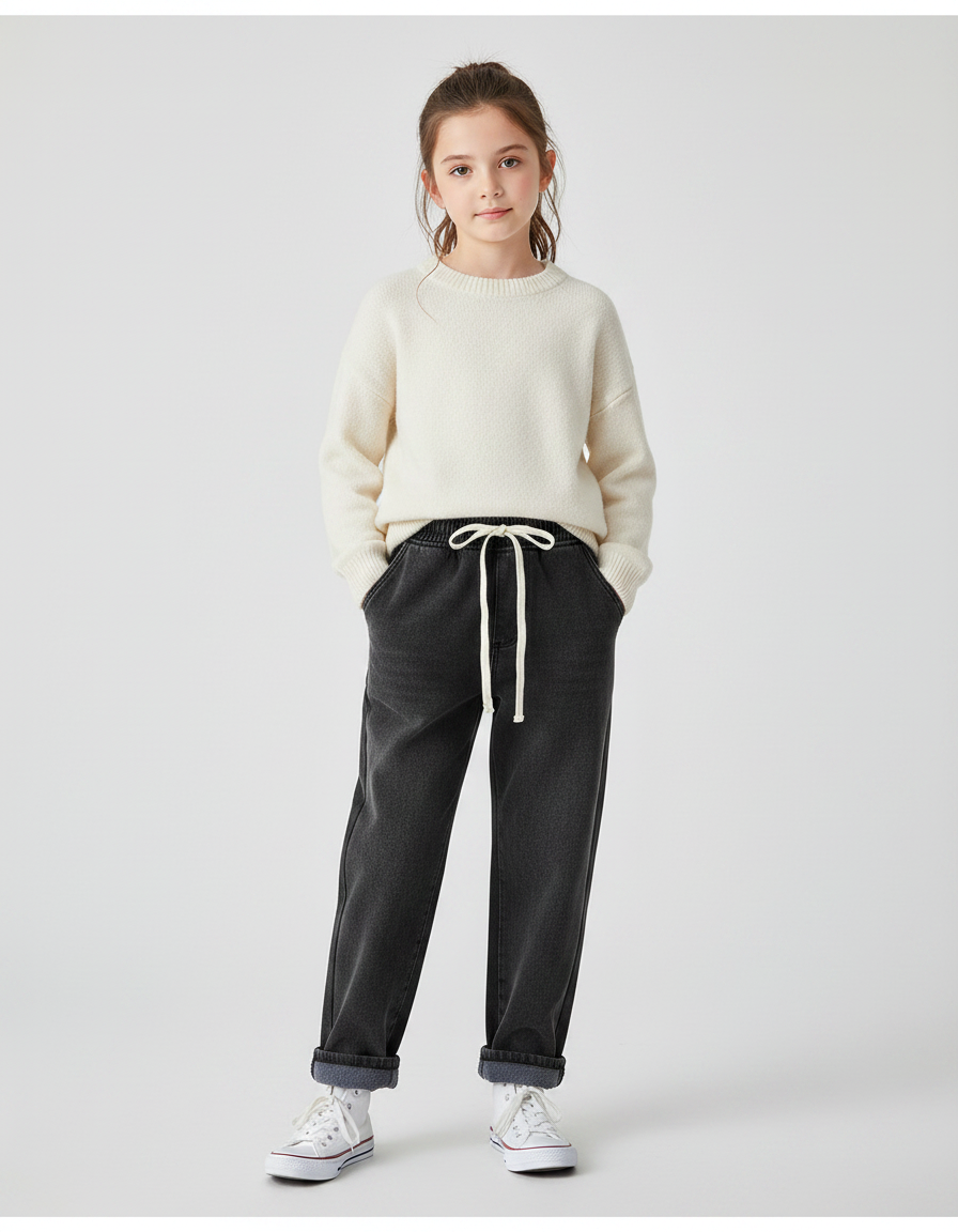 Pantalon Noir Enfant Molletonné Ample Décontracté Cordon