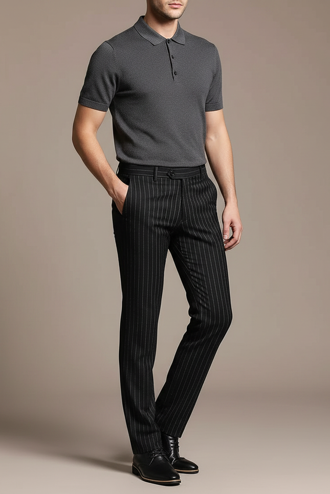 Pantalon Noir Rayé Homme Slim Élégant Formel - Gabardine