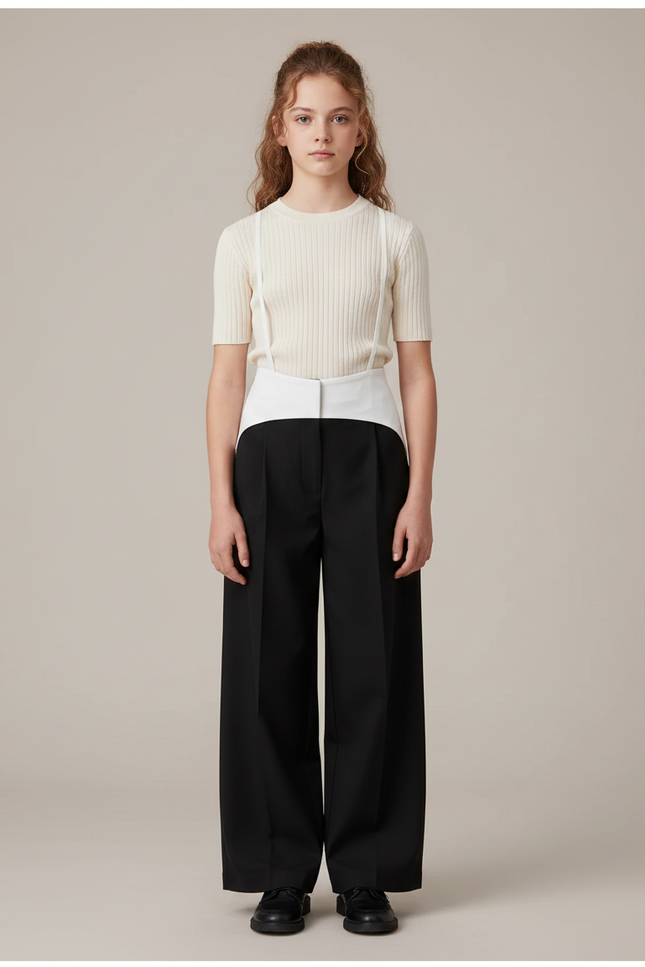 Pantalon Noir Ample Taille Haute Élégant Fille - Gabardine