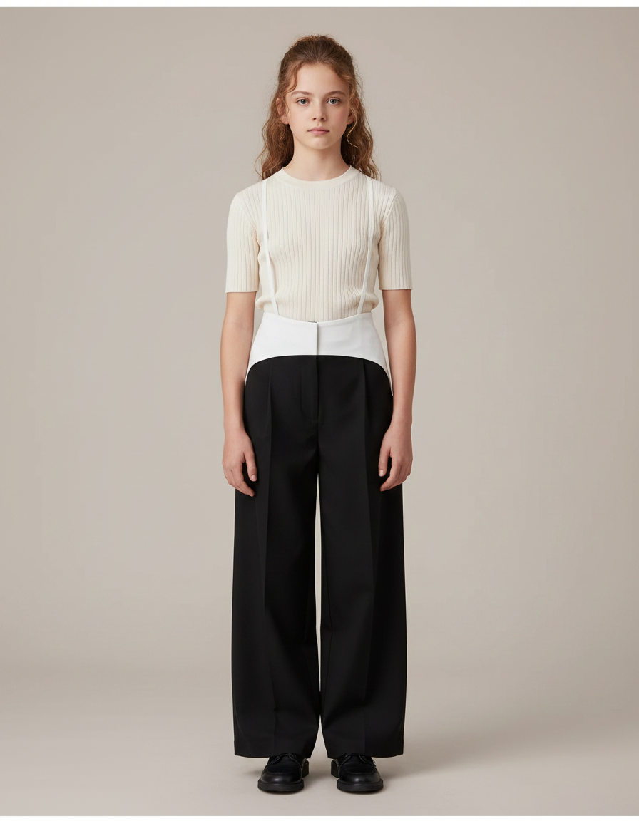 Pantalon Noir Ample Taille Haute Élégant Fille - Gabardine