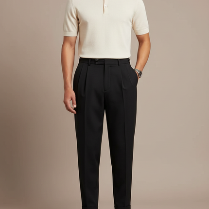 Pantalon Noir Plissé Ample Homme Décontracté - Polyester