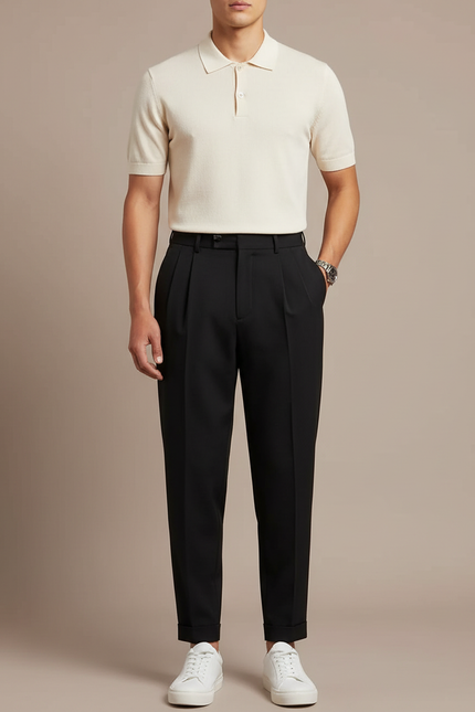 Pantalon Noir Plissé Ample Homme Décontracté - Polyester