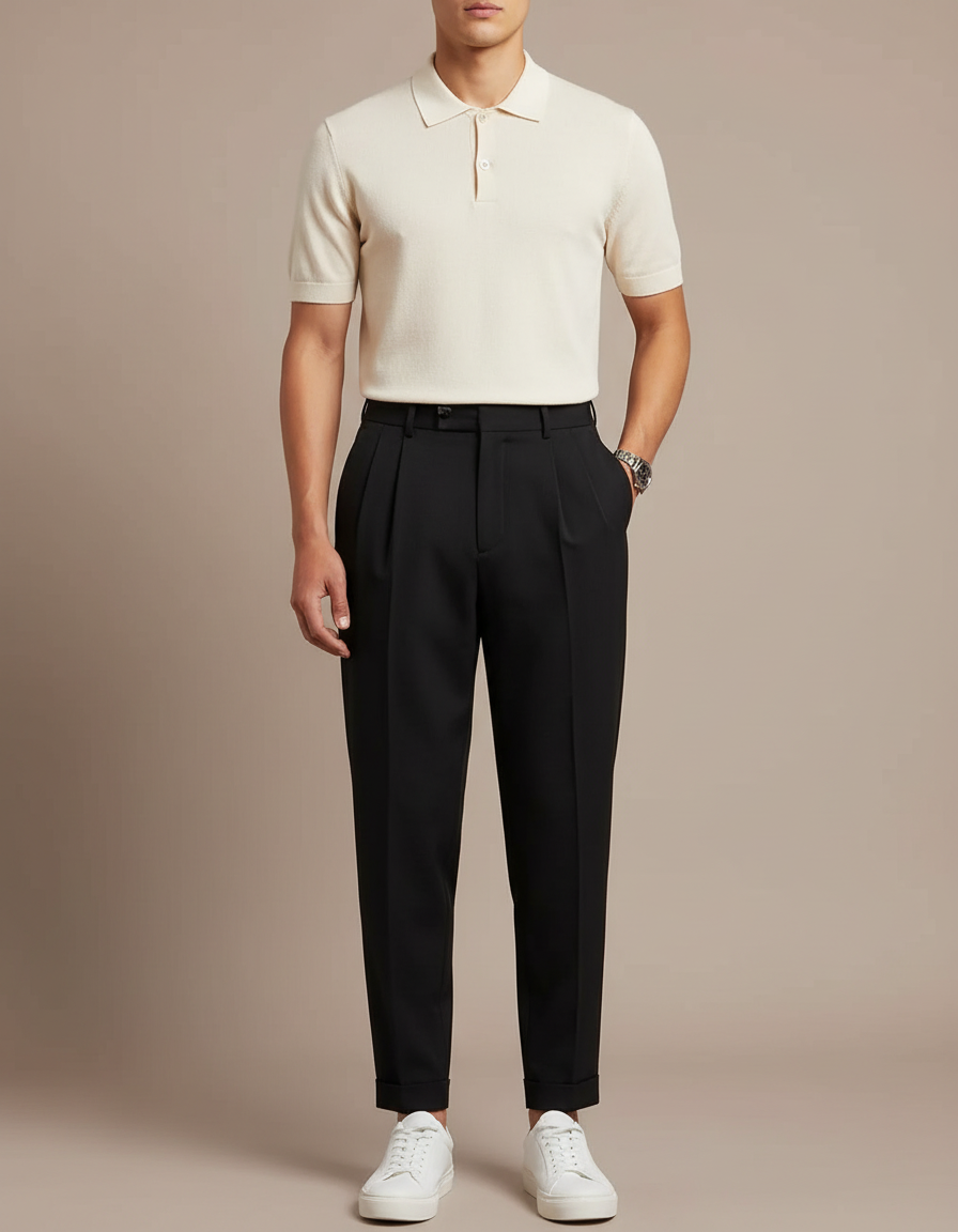 Pantalon Noir Plissé Ample Homme Décontracté - Polyester