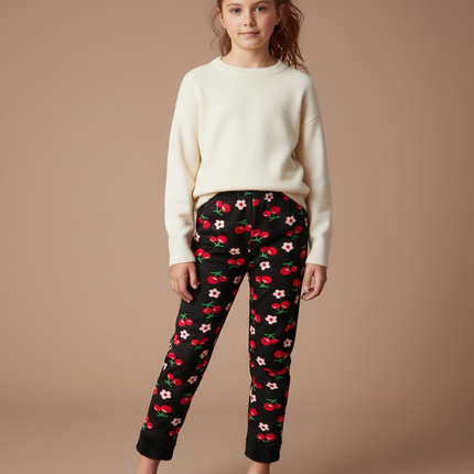 Pantalon Noir Imprimé Cerises Filles Chaud Hiver - Molleton
