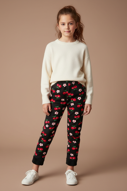 Pantalon Noir Imprimé Cerises Filles Chaud Hiver - Molleton