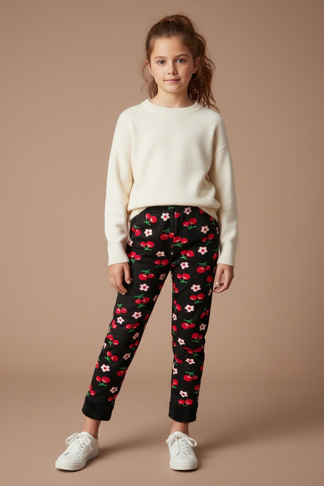 Pantalon Noir Imprimé Cerises Filles Chaud Hiver - Molleton
