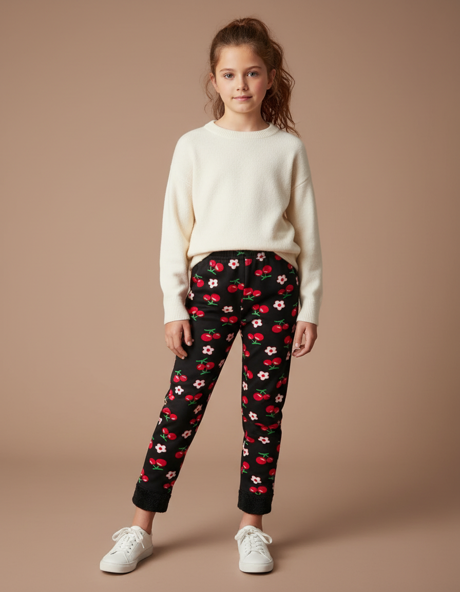 Pantalon Noir Imprimé Cerises Filles Chaud Hiver - Molleton