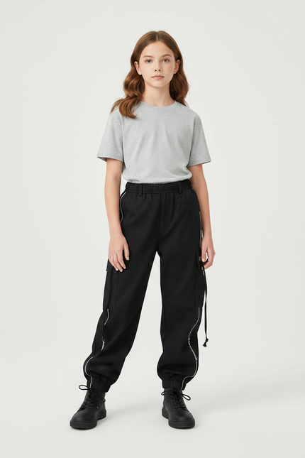 Pantalon Noir Cargo Fille Streetwear Ample Décontracté - Polyester
