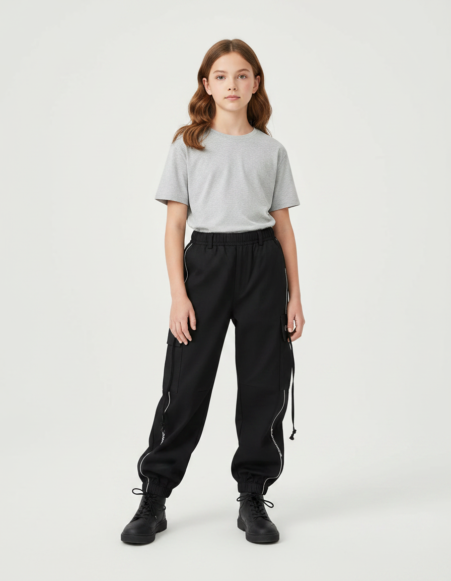 Pantalon Noir Cargo Fille Streetwear Ample Décontracté - Polyester