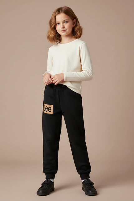 Pantalon Noir Enfant Molleton Imprimé Confortable Décontracté