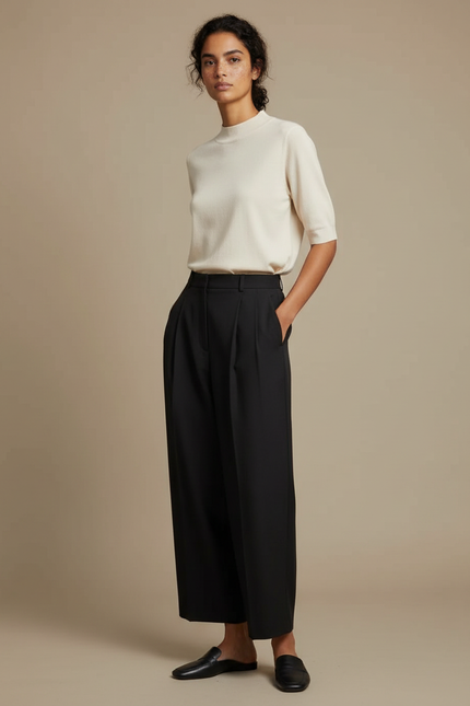 Pantalon Noir Ample Taille Haute Plissé Élégant - Polyester