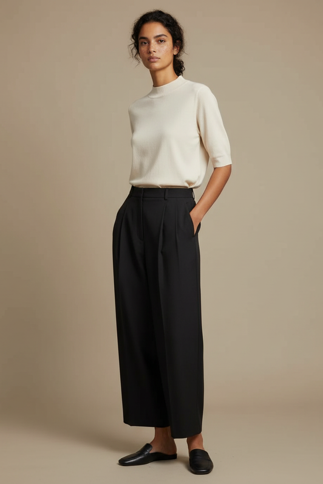 Pantalon Noir Ample Taille Haute Plissé Élégant - Polyester