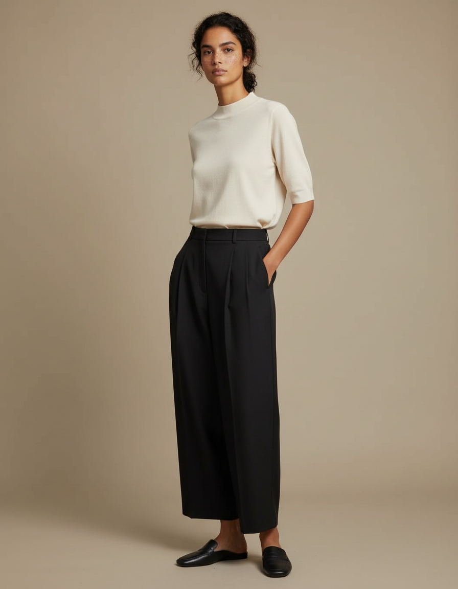 Pantalon Noir Ample Taille Haute Plissé Élégant - Polyester