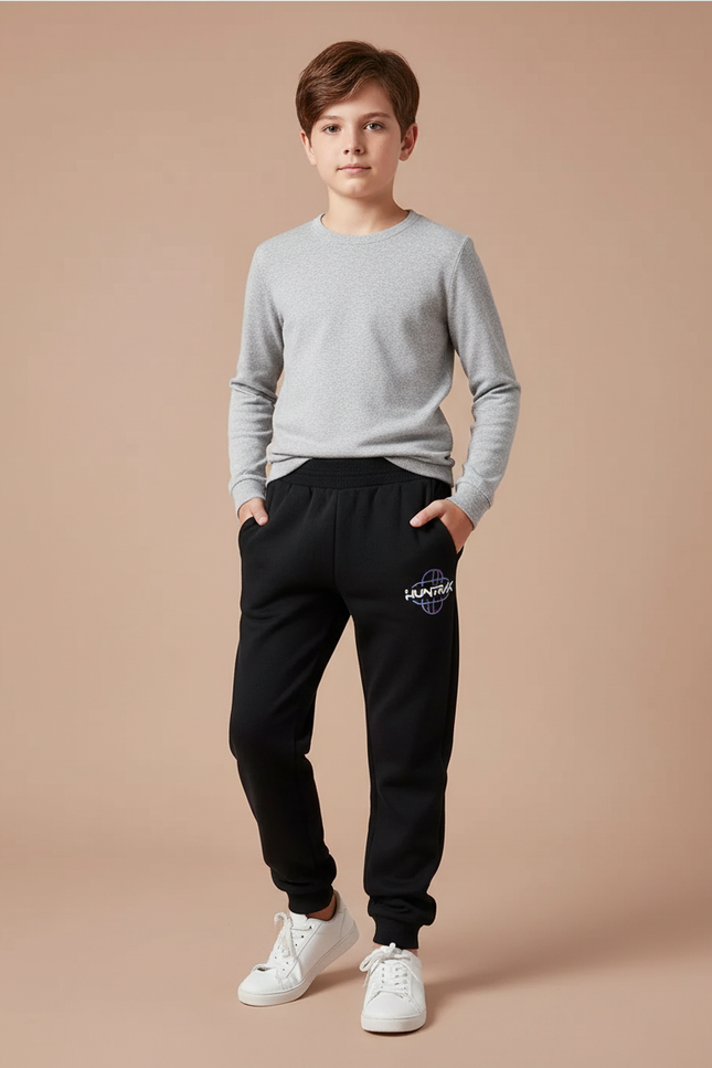 Pantalon Noir Molletonné Décontracté Garçon Logo Imprimé