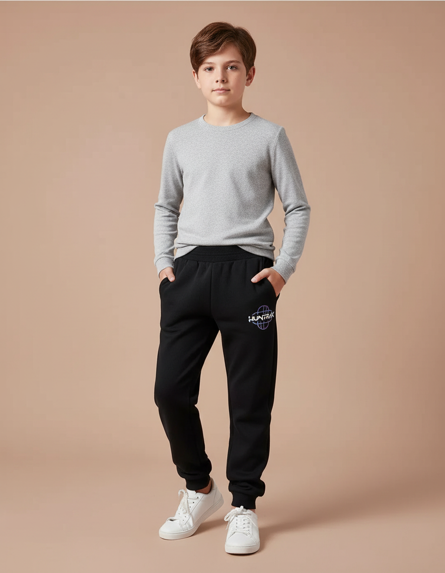Pantalon Noir Molletonné Décontracté Garçon Logo Imprimé
