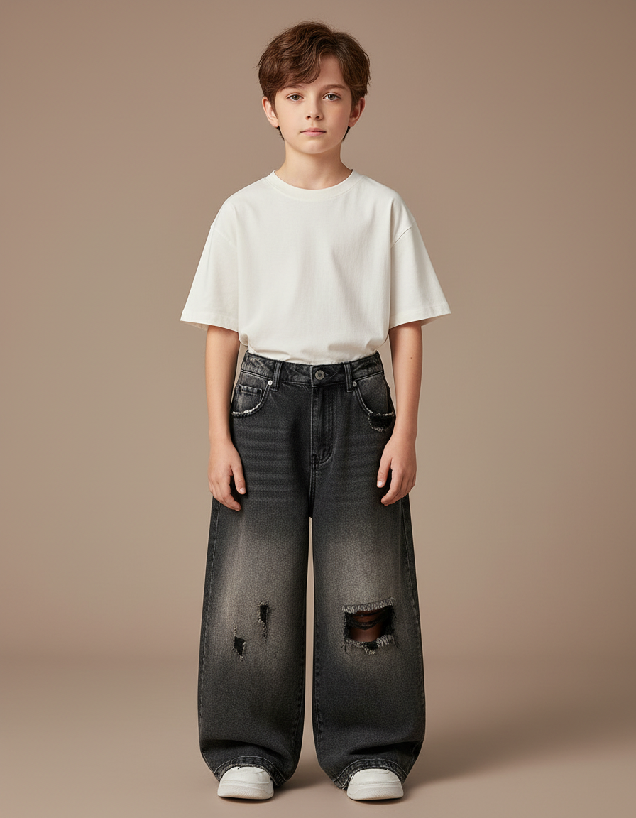 Pantalon Noir Jean Ample Déchiré Garçon Dégradé