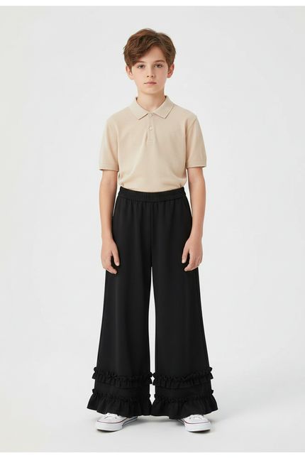 Pantalon Noir Évasé Volants Ample Enfant - Polyester