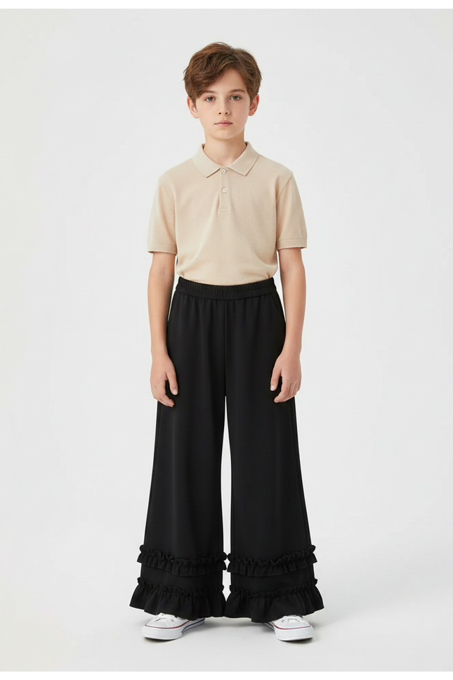 Pantalon Noir Évasé Volants Ample Enfant - Polyester
