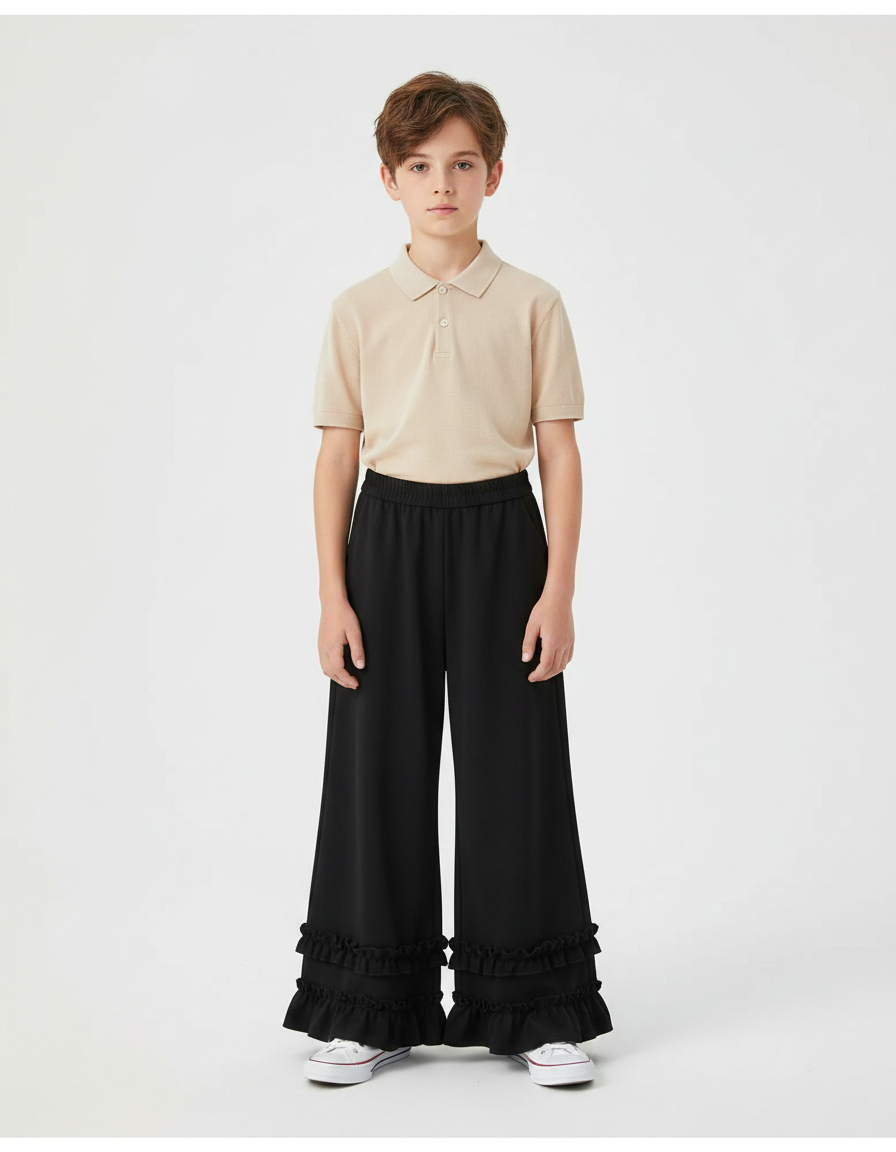 Pantalon Noir Évasé Volants Ample Enfant - Polyester