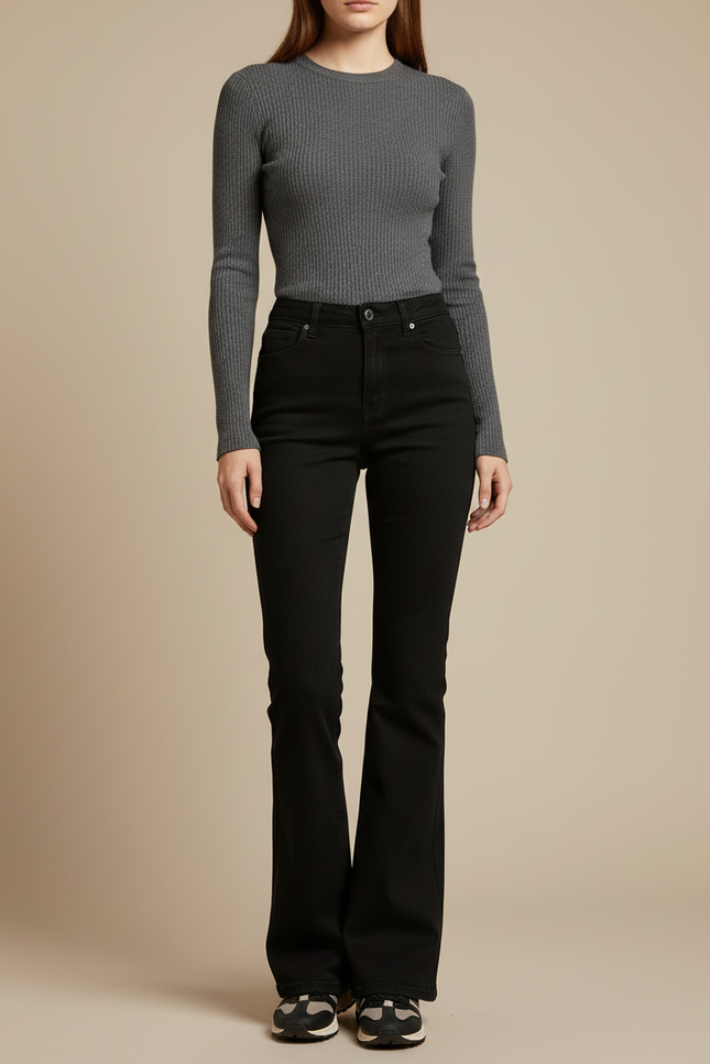 Pantalon Noir Évasé Taille Haute Denim Femme - Jean