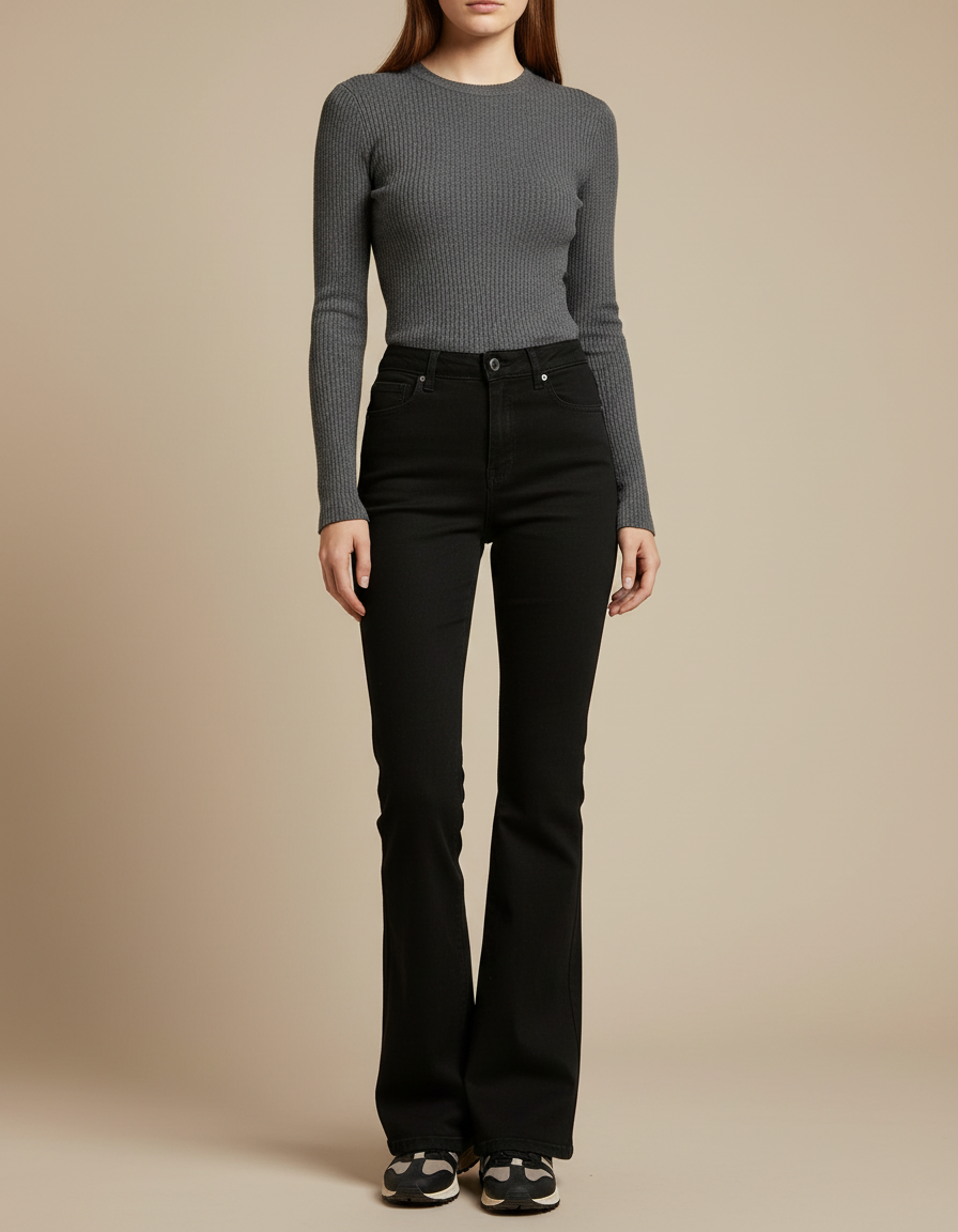 Pantalon Noir Évasé Taille Haute Denim Femme - Jean
