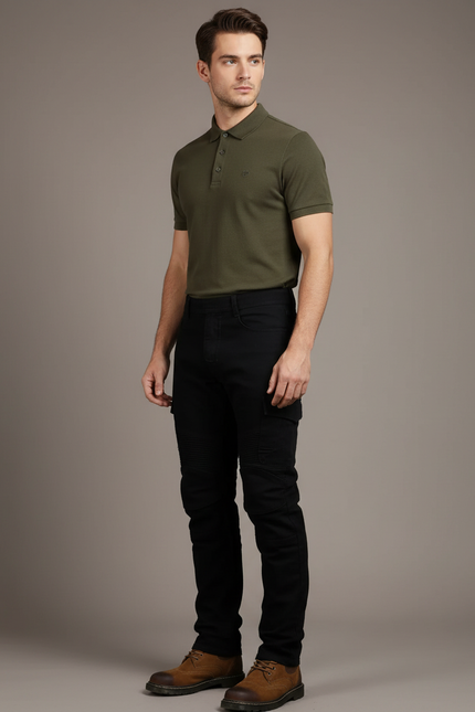 Pantalon Noir Cargo Ajusté Motard Homme Coton