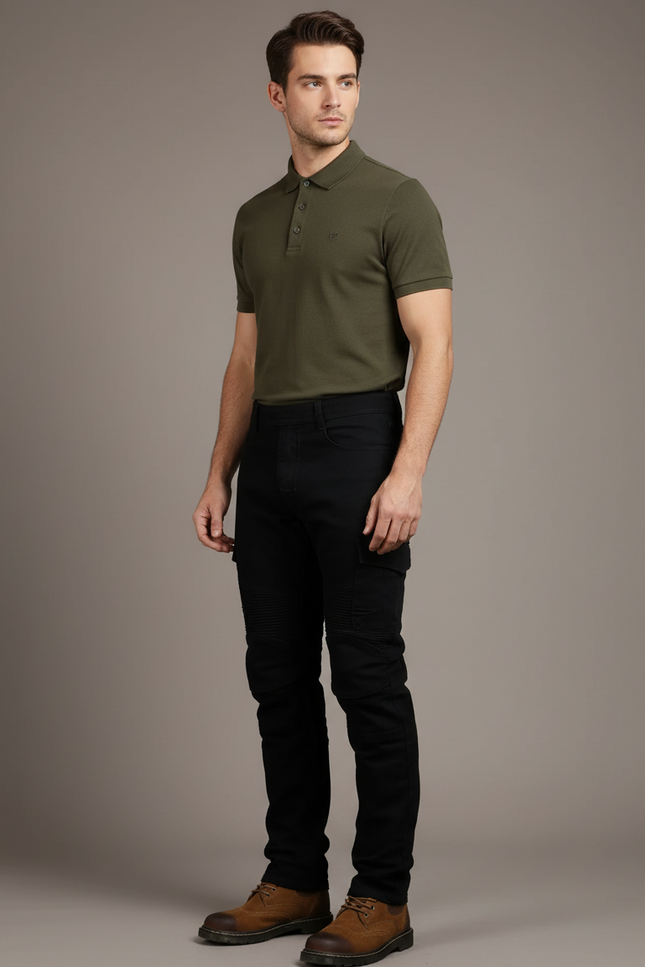 Pantalon Noir Cargo Ajusté Motard Homme Coton