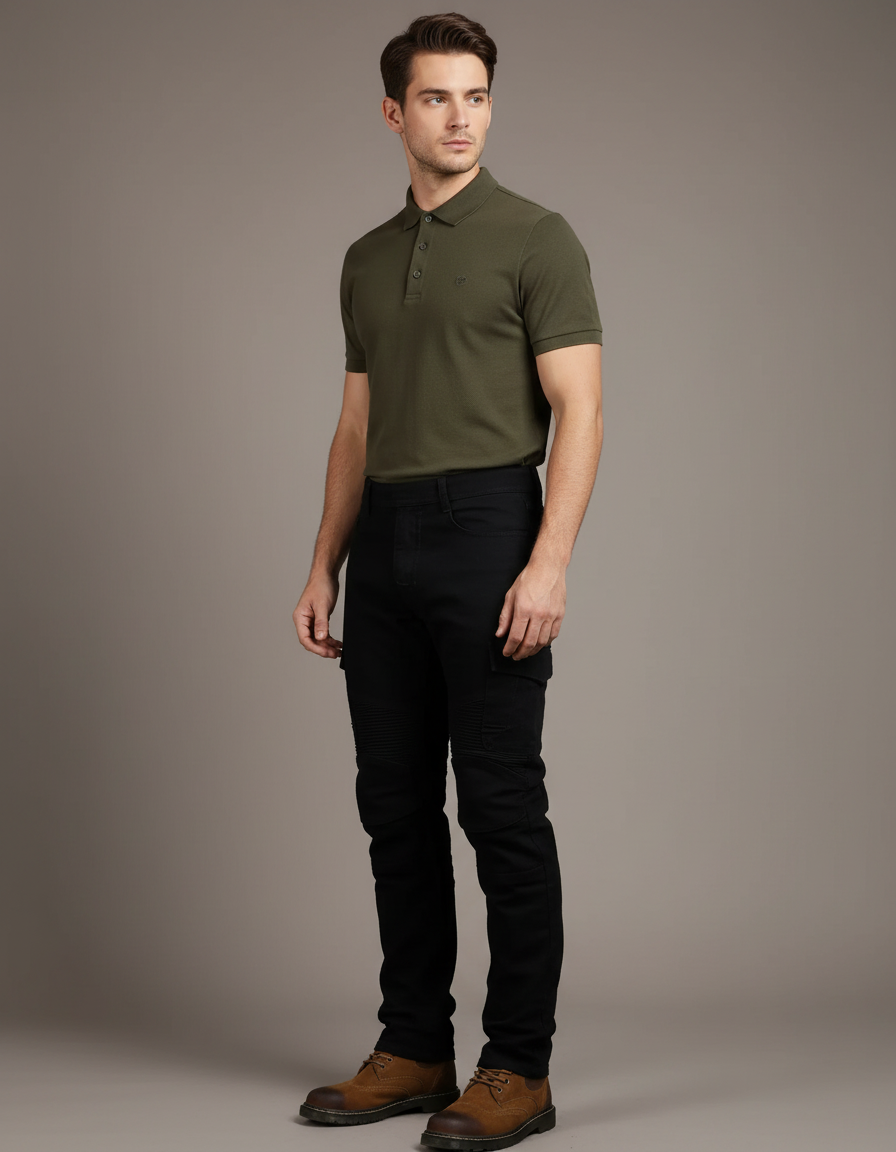 Pantalon Noir Cargo Ajusté Motard Homme Coton