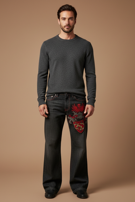 Pantalon Noir Large Brodé Homme Hip-hop Rétro - Jean