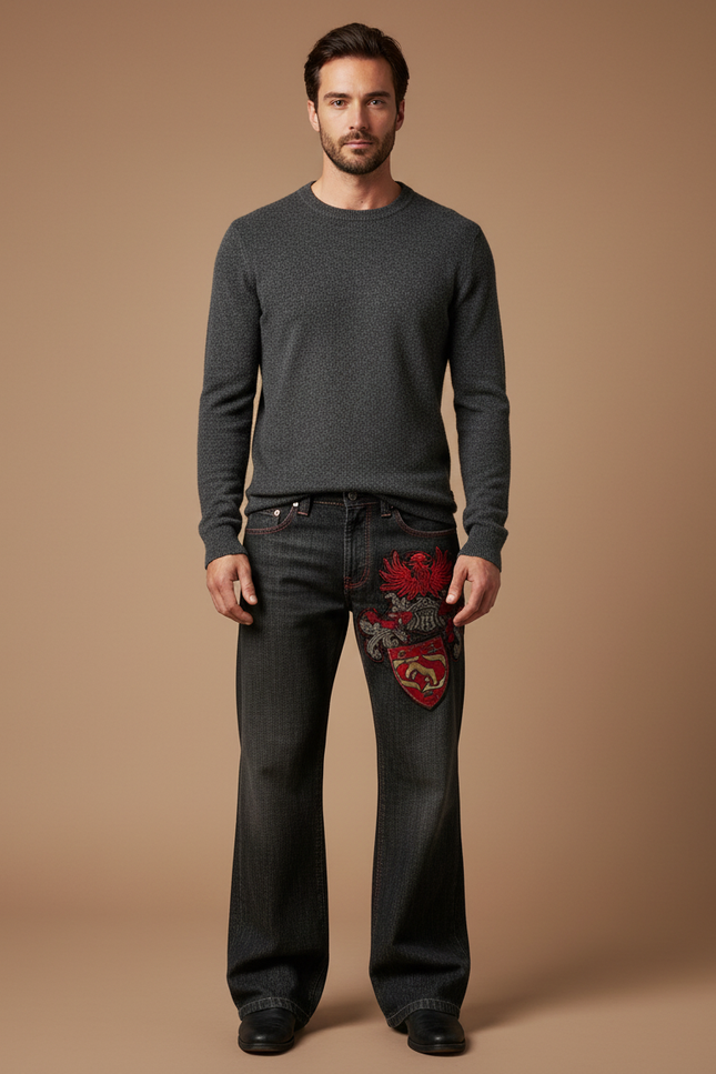 Pantalon Noir Large Brodé Homme Hip-hop Rétro - Jean