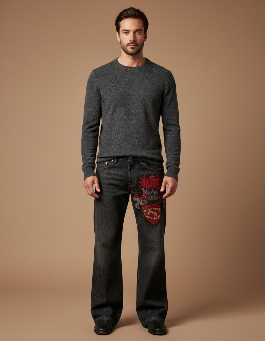 Pantalon Noir Large Brodé Homme Hip-hop Rétro - Jean