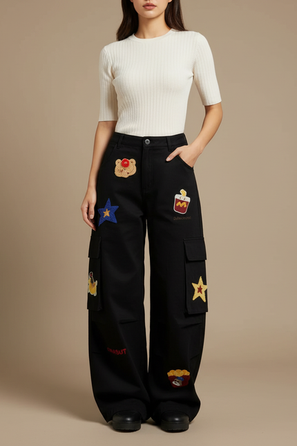 Pantalon Noir Cargo Brodé Ample Décontracté Femme - Toile