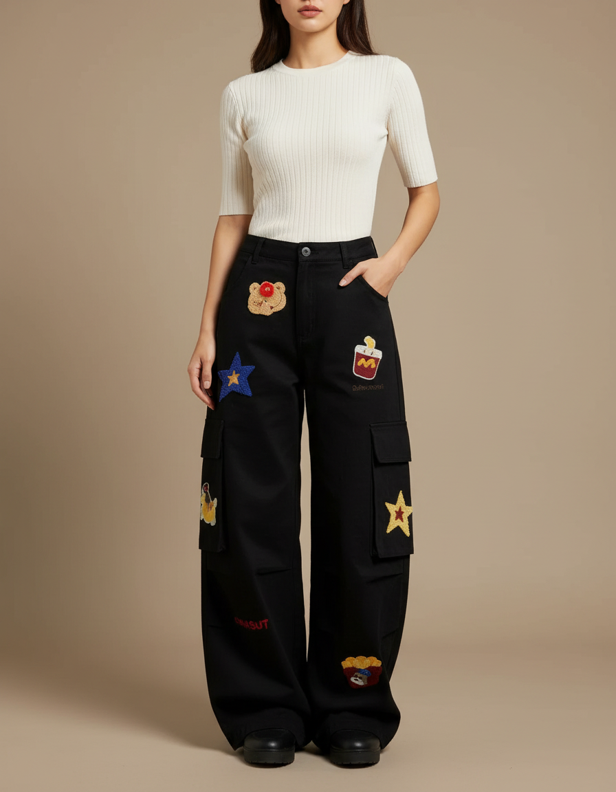 Pantalon Noir Cargo Brodé Ample Décontracté Femme - Toile