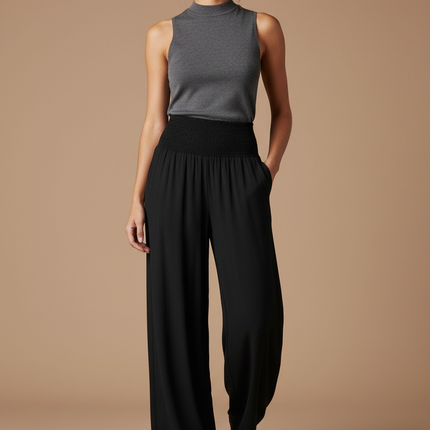 Pantalon Noir Ample Fluide Taille Haute Élégant Décontracté - Viscose