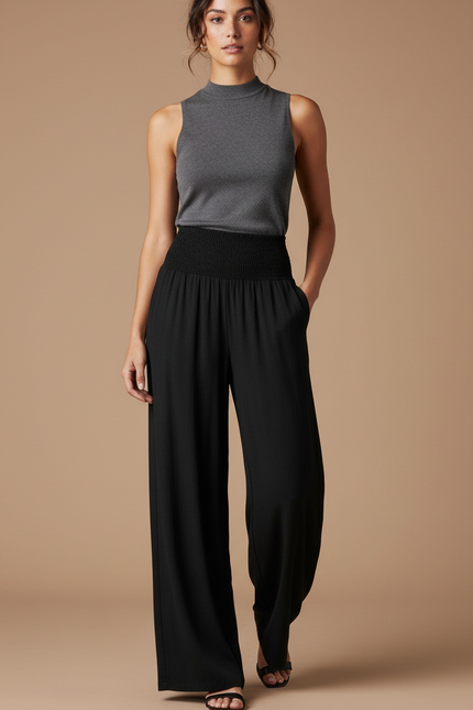 Pantalon Noir Ample Fluide Taille Haute Élégant Décontracté - Viscose