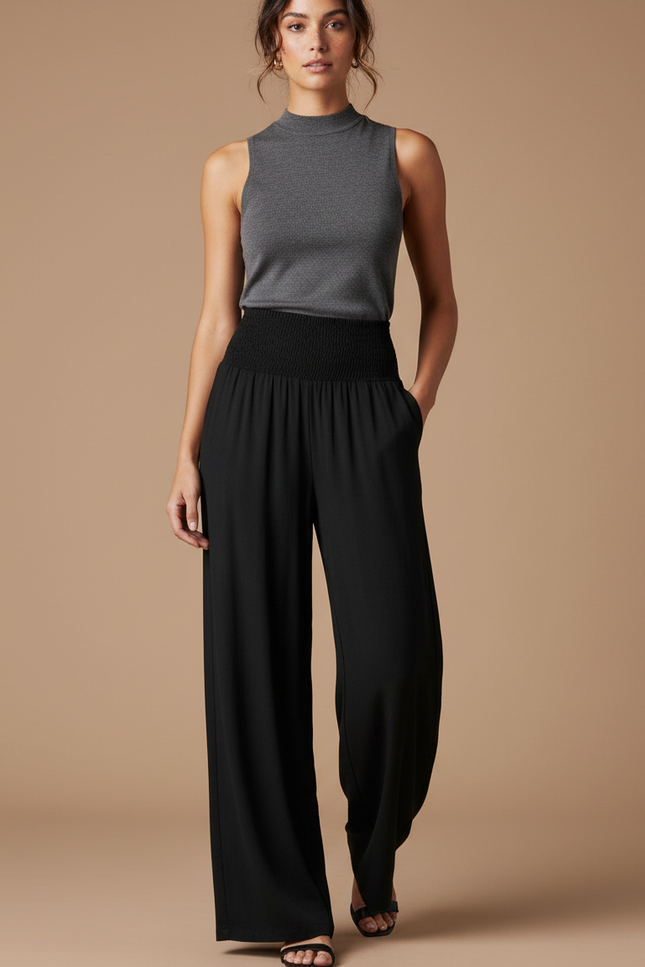 Pantalon Noir Ample Fluide Taille Haute Élégant Décontracté - Viscose