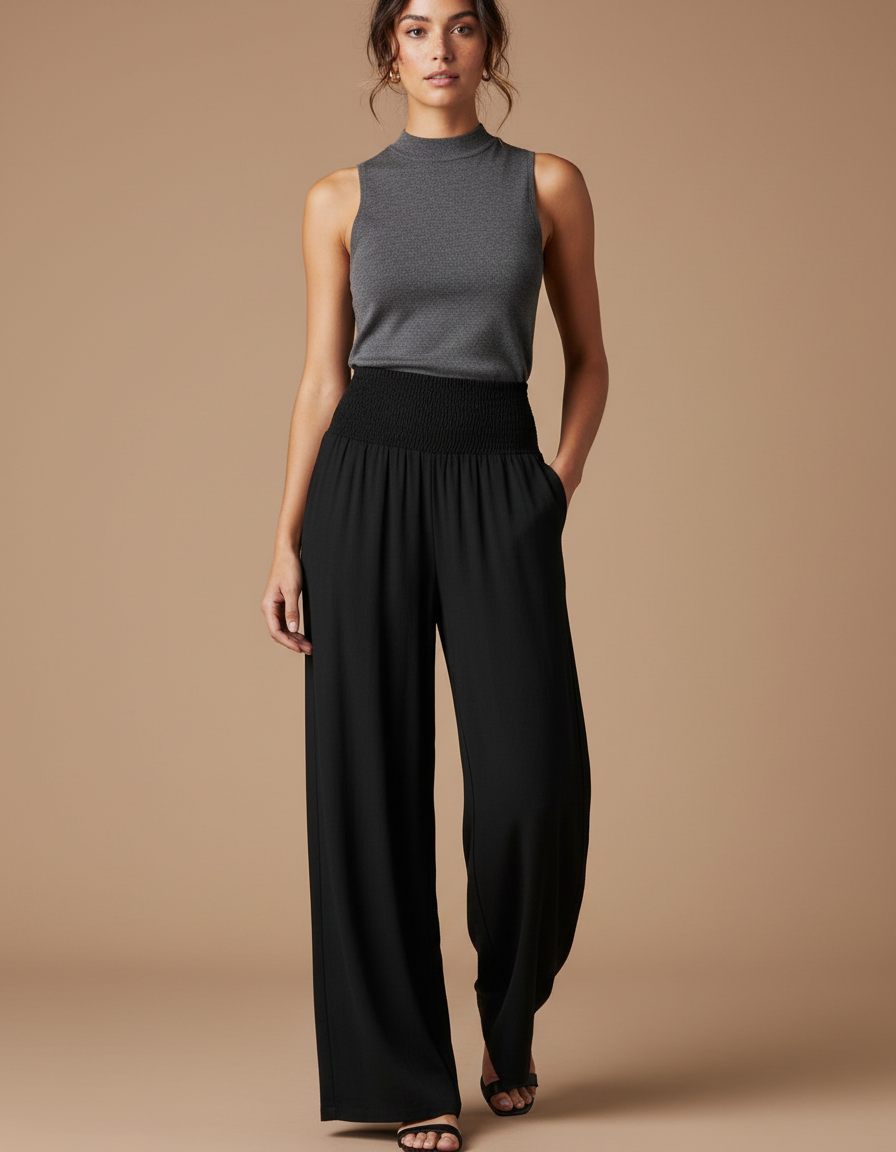 Pantalon Noir Ample Fluide Taille Haute Élégant Décontracté - Viscose