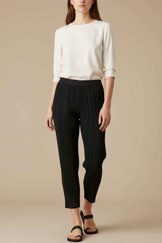 Pantalon Noir Plissé Cheville Décontracté Femme - Polyester