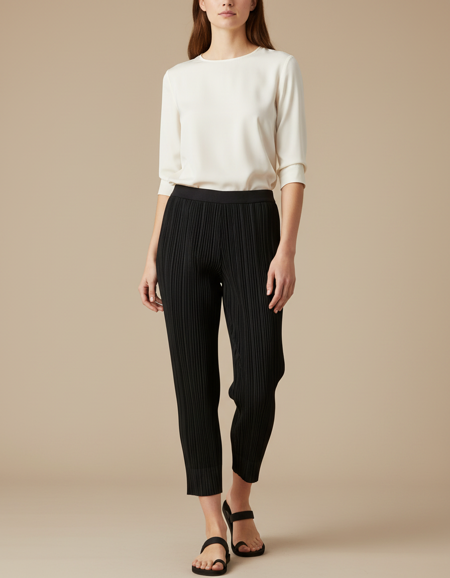 Pantalon Noir Plissé Cheville Décontracté Femme - Polyester
