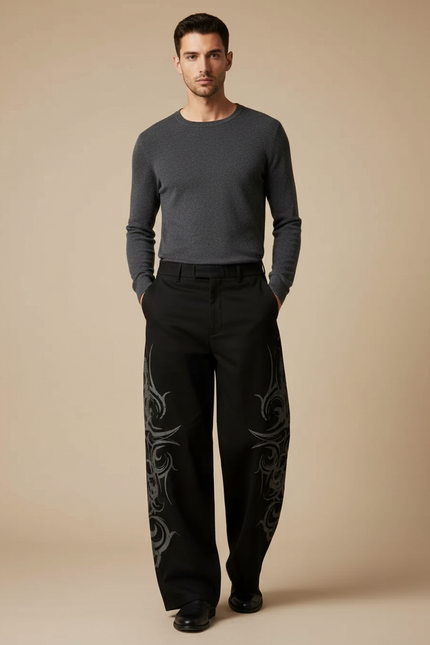 Pantalon Noir Brodé Ample Décontracté Streetwear Homme - Gabardine