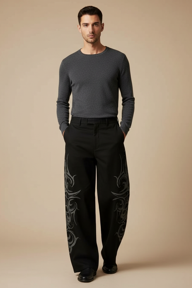 Pantalon Noir Brodé Ample Décontracté Streetwear Homme - Gabardine