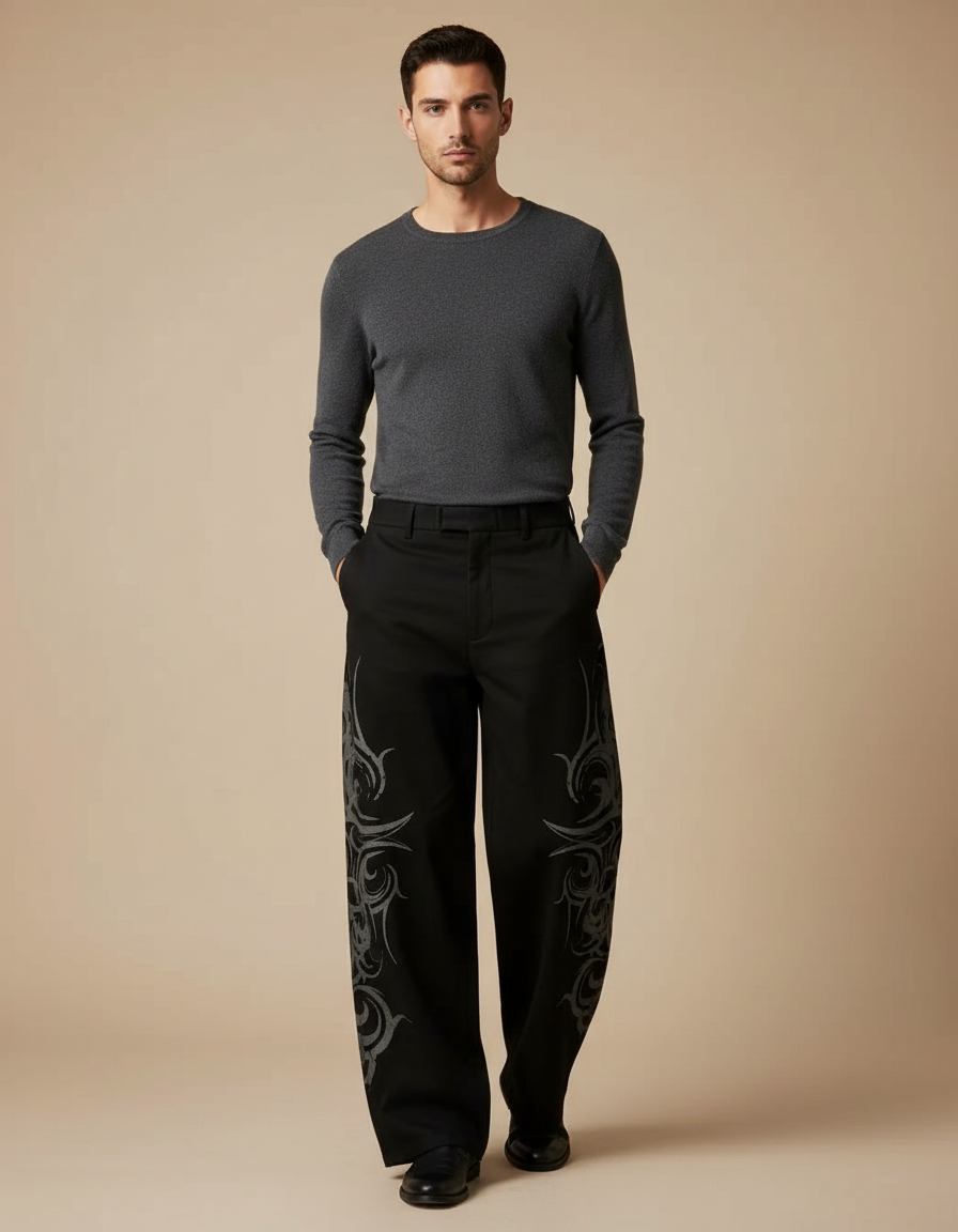 Pantalon Noir Brodé Ample Décontracté Streetwear Homme - Gabardine